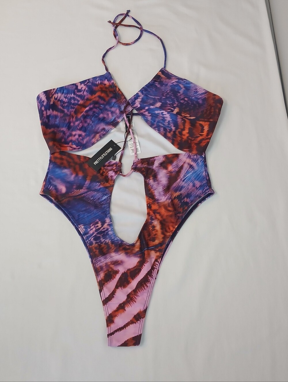 Purple & Pink Animal Print Cut Out One Piece Halter Swimsuit 10 New!